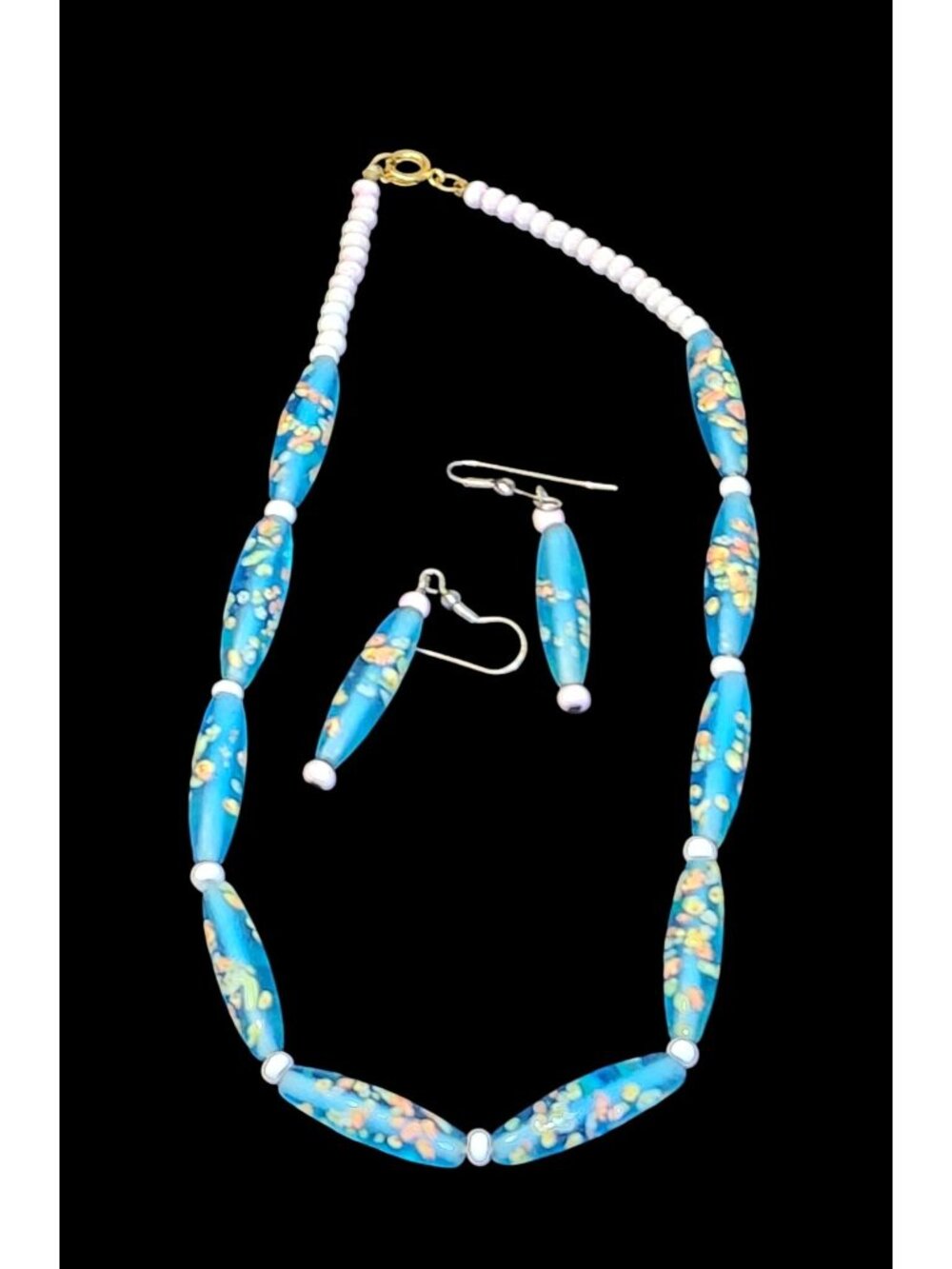 Vintage Blue Acrylic Bead Necklace Earrings Set Hand-Painted Floral Design Hippi